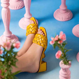 Kate Mustard Woven Leather Block Heel Mules