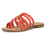 Saint Jacinta Metal Studded Multi Strap Coral Leather Flats - SaintG