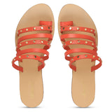 Saint Jacinta Metal Studded Multi Strap Coral Leather Flats - SaintG