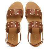 Saint Ventura Tan Leather Metal Studded Sandals