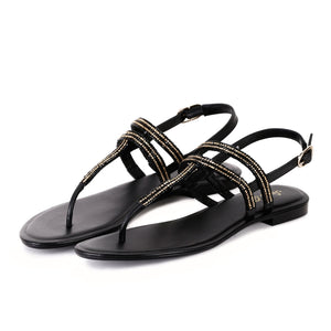 Black Embellished Leather T-Strap Flats - SaintG