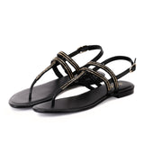 Black Embellished Leather T-Strap Flats - SaintG