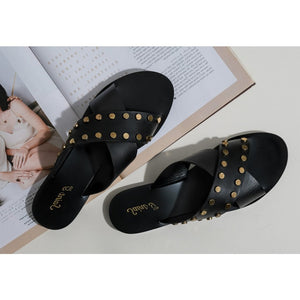 Saint Rosina Metal Studded Black Leather Flats
