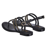 Black Embellished Leather T-Strap Flats - SaintG