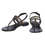 Black Embellished Leather T-Strap Flats - SaintG