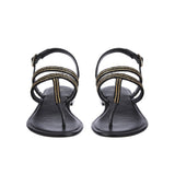 Black Embellished Leather T-Strap Flats - SaintG