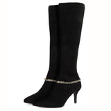Saint Idalia Black Stretch Suede  Golden Chain Knee High Long Boots