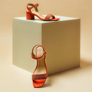 Saint Anete Stone Embellished Orange Leather Block Heels