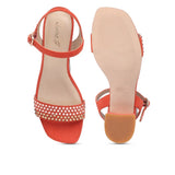 Saint Anete Stone Embellished Orange Leather Block Heels