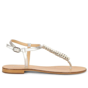 Saint Madeira Stones Embellished Handcrafted Silver Leather Flat