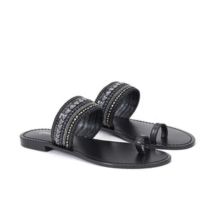 Saint Rosalia Black Leather Hand Embroidered Flats - SaintG