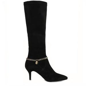 Saint Idalia Black Stretch Suede Golden Chain Knee High Long Boots