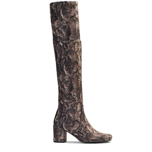 Saint Inez Python Print Brown Stretch Fab Above The Knee Heeled Boots
