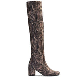 Saint Inez Python Print Brown Stretch Fab Above The Knee Heeled Boots