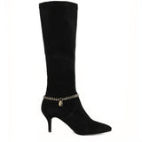 Saint Idalia Black Stretch Suede  Golden Chain Knee High Long Boots