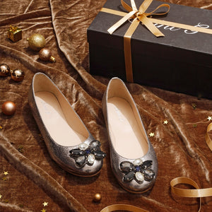 Saint Jovena Crystal Embellished Silver Metallic Leather Ballet Flats