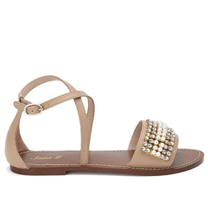 Saint Adilia Beige Stone And Pearl Embellished Leather Sandal