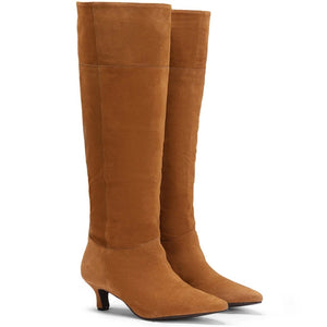 Saint Rosemary Tan Suede Kitten Heel Knee High Boots