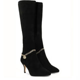 Saint Idalia Black Stretch Suede Golden Chain Knee High Long Boots