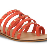 Saint Jacinta Metal Studded Multi Strap Coral Leather Flats - SaintG