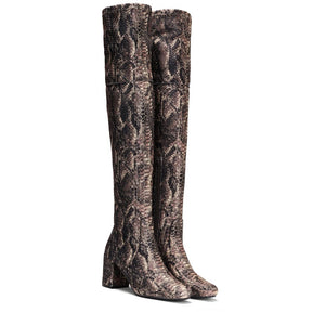Saint Inez Python Print Brown Stretch Fab Above The Knee Heeled Boots