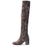 Saint Inez Python Print Brown Stretch Fab Above The Knee Heeled Boots