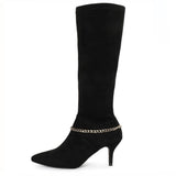 Saint Idalia Black Stretch Suede Golden Chain Knee High Long Boots