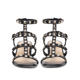 Saint Angela Black Gold Leather Square Metal Studded Block Heel