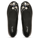 Saint Jovena Crystal Embellished Black Leather Ballet Flats