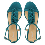 Saint Milana Blue Suede Leather Fringed Block Heels