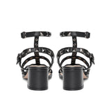 Saint Angela Black Leather Gun Metal Square Studded Strappy Block Heels