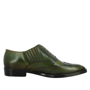 Mens Olive Leather Square Toe Lace Up Décor Slip On Shoes