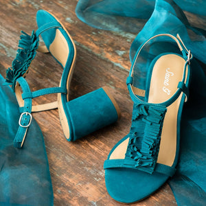 Saint Milana Blue Suede Leather Fringed Block Heels