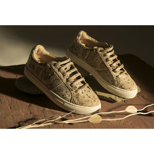 Beige Textured Python Leather Sneakers