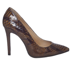 Snake-embossed Brown Leather Pumps - SaintG
