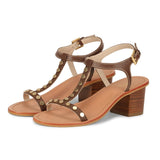 Saint Irmina Tan Leather Gold Metal Studded Block Heel