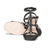 Saint Angela Black Leather Gun Metal Square Studded Strappy Block Heels