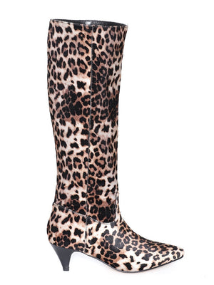 Saint Melissa Beige Leopard Print Stretch Fabric Calf Length Boot