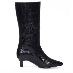 Saint Enora Croco Embossed Black Calf Length Boots