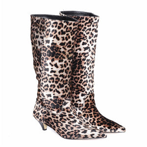 Saint Melissa Beige Leopard Print Stretch Fabric Calf Length Boot