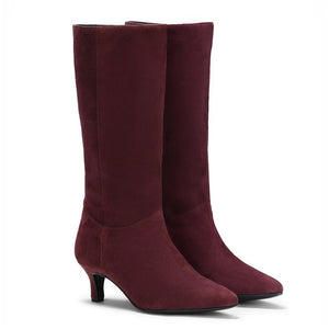 Saint Elie Maroon Suede Kitten Heel Calf Boots
