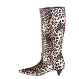 Saint Melissa Beige Leopard Print Stretch Fabric Calf Length Boot