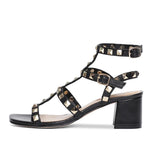 Saint Angela Black Gold Leather Square Metal Studded Block Heel