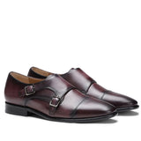 Saint Alboin Two Color Toned Red Leather Double Buckled Monk Strap Shoes
