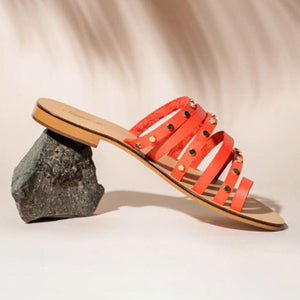 Saint Jacinta Metal Studded Multi Strap Coral Leather Flats - SaintG