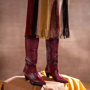 Saint Enora Croco Embossed Burgundy Calf Length Boots