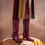 Saint Enora Croco Embossed Burgundy Calf Length Boots