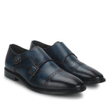 Saint Perctarit Blue Leather Double Buckle Monk Brogue Shoes