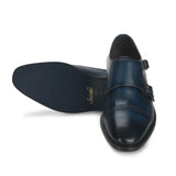 Saint Perctarit Blue Leather Double Buckle Monk Brogue Shoes