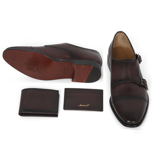 Saint Alboin Two Color Toned Red Leather Double Buckled Monk Strap With Set